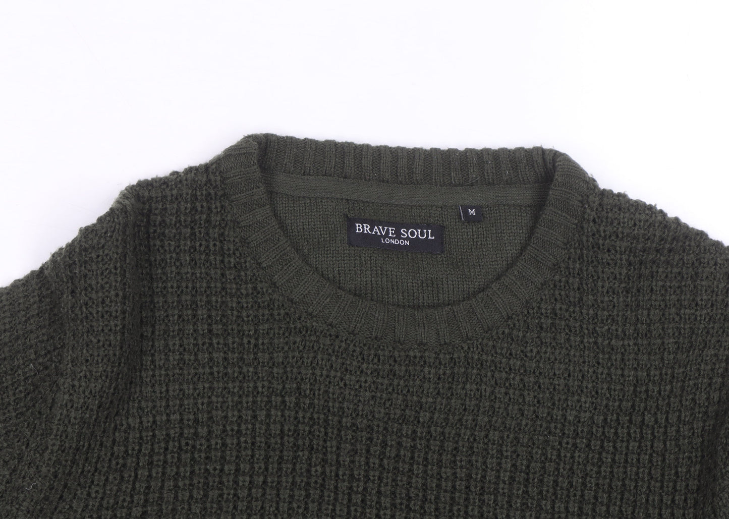 Brave Soul Men's Green Waffle Knit Crew Neck Pullover Jumper Size M