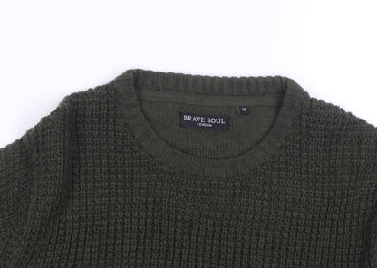 Brave Soul Men's Green Waffle Knit Crew Neck Pullover Jumper Size M