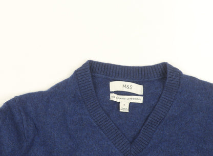 Marks and Spencer Men's Blue Lambswool V-Neck Jumper Medium