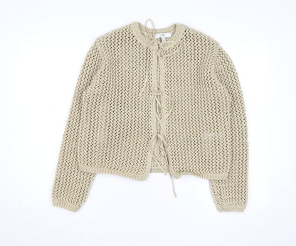 Marks and Spencer Women Beige Cotton Open-Knit Tie Cardigan M