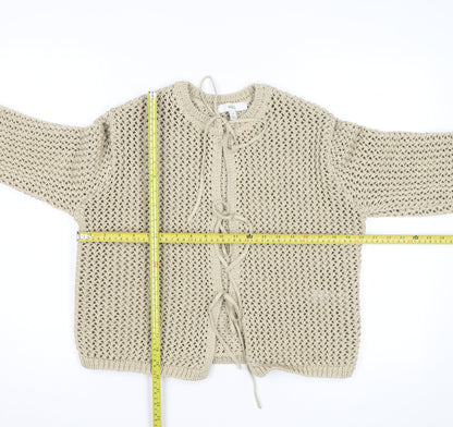 Marks and Spencer Women Beige Cotton Open-Knit Tie Cardigan M