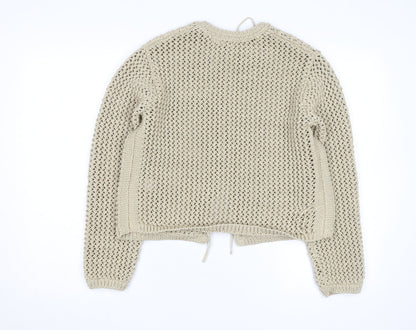 Marks and Spencer Women Beige Cotton Open-Knit Tie Cardigan M