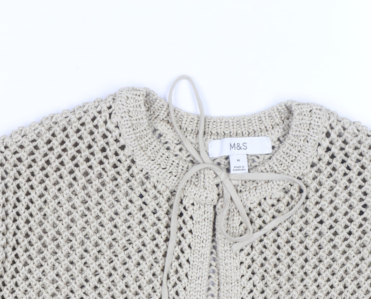 Marks and Spencer Women Beige Cotton Open-Knit Tie Cardigan M