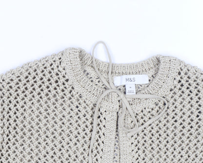 Marks and Spencer Women Beige Cotton Open-Knit Tie Cardigan M