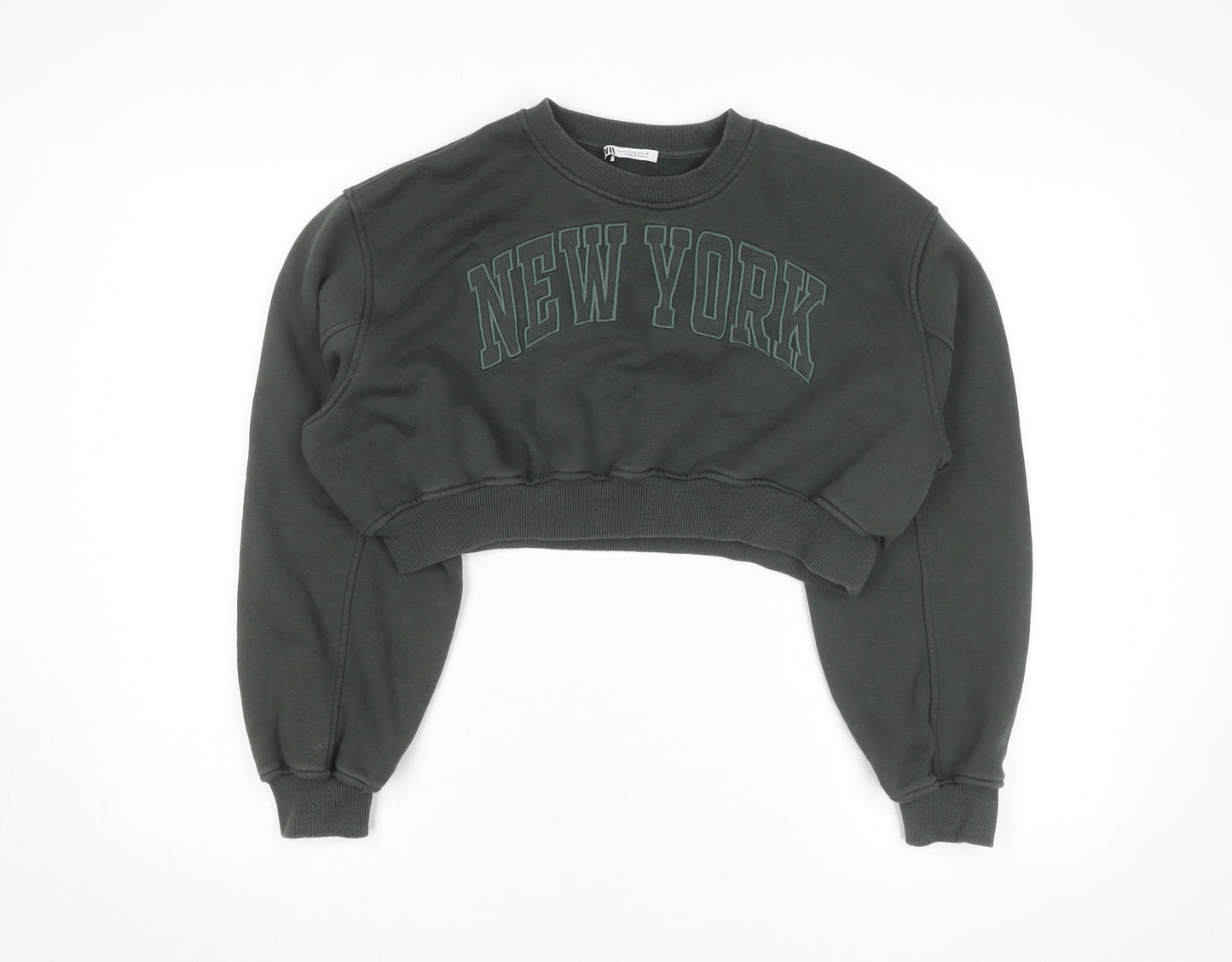 Zara Women Green Cropped Pullover Sweatshirt Size M New York Print