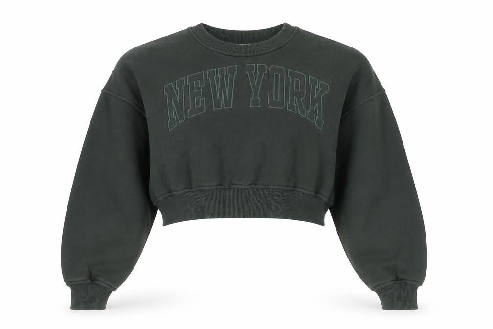 Zara Women Green Cropped Pullover Sweatshirt Size M New York Print