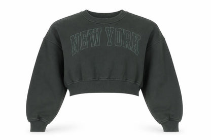 Zara Women Green Cropped Pullover Sweatshirt Size M New York Print