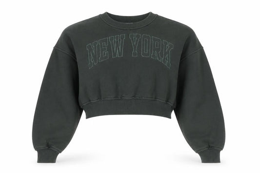 Zara Women Green Cropped Pullover Sweatshirt Size M New York Print