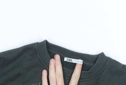 Zara Women Green Cropped Pullover Sweatshirt Size M New York Print