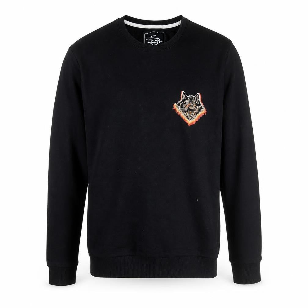 The Bearhug Co Men's Black Medium Crew Neck Embroidered Wolf Sweatshirt