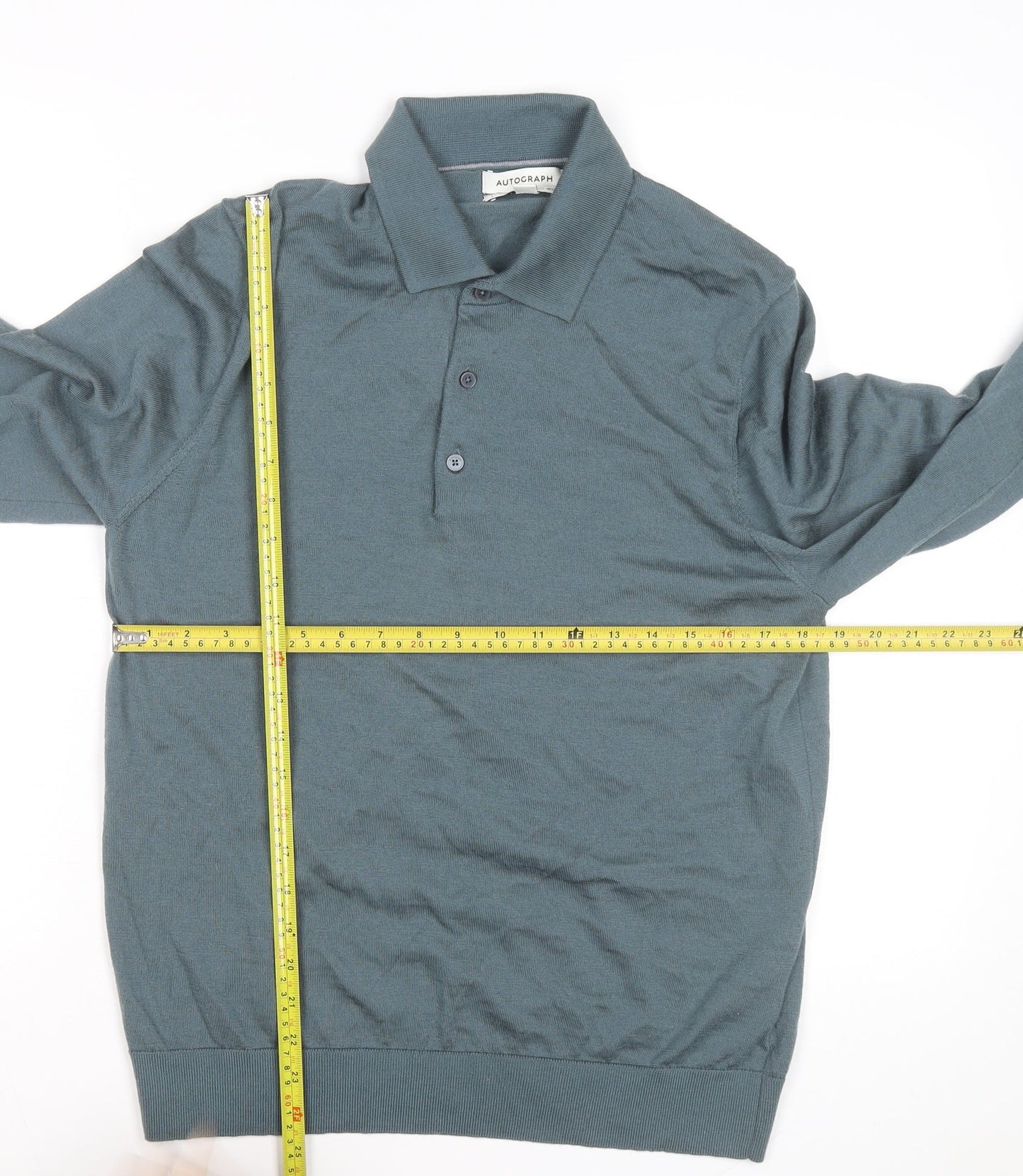 Marks and Spencer Autograph Men's Green Merino Wool Long Sleeve Polo Shirt L