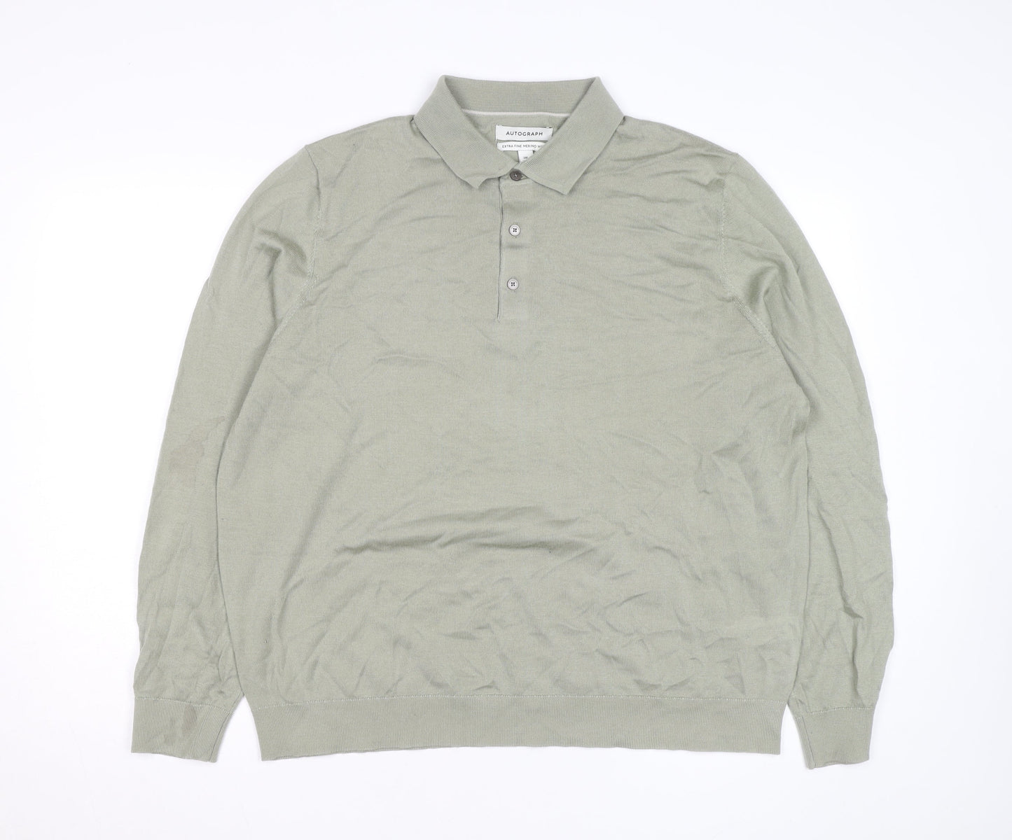 Marks and Spencer Autograph Men's Green 2XL Merino Wool Long Sleeve Polo Shirt