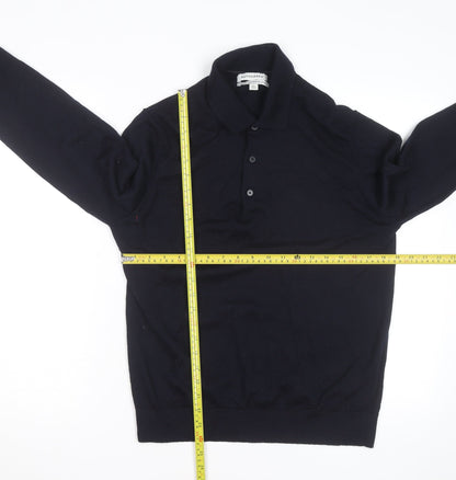Marks and Spencer Autograph Mens Blue Merino Wool Long Sleeve Polo Shirt L