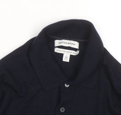 Marks and Spencer Autograph Mens Blue Merino Wool Long Sleeve Polo Shirt L