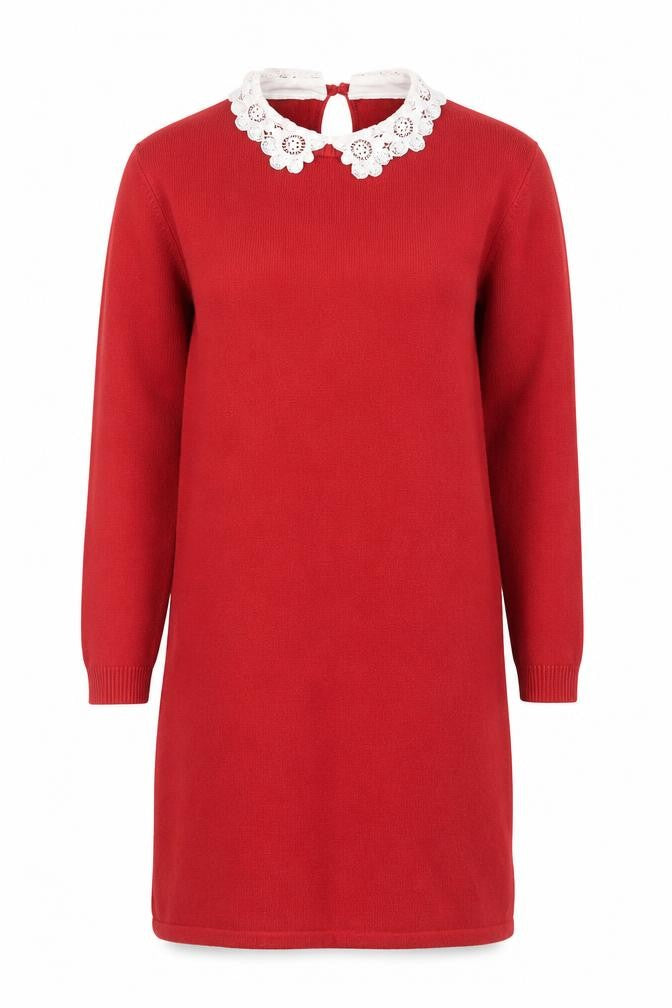 ASOS Women Red Cotton Blend Crochet Collar Knit Shift Dress Size 8
