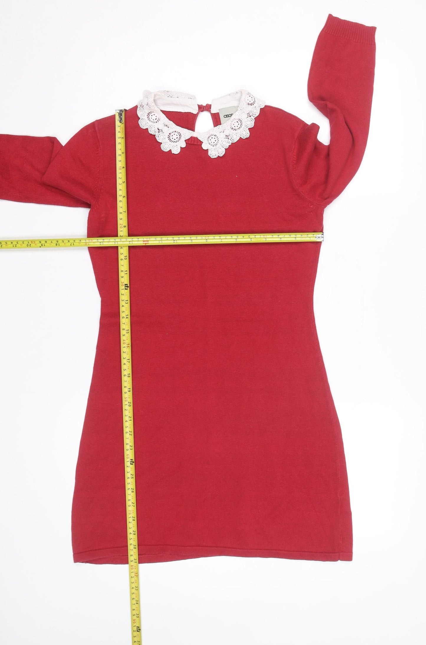 ASOS Women Red Cotton Blend Crochet Collar Knit Shift Dress Size 8