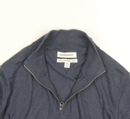 Marks and Spencer Men's Blue Wool 1/2 Zip Jumper XL
