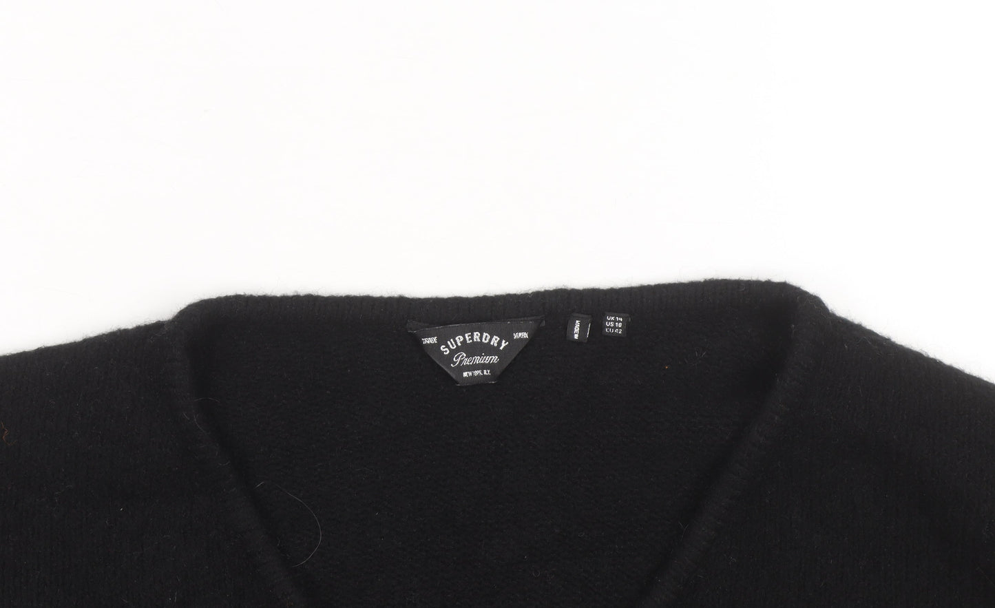 Superdry Women Black V-Neck Wool Blend Jumper Size 14