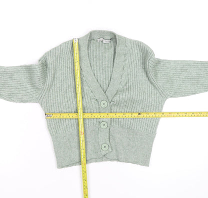 Pull & Bear Women’s Green Ribbed V-Neck Button Cardigan Size S