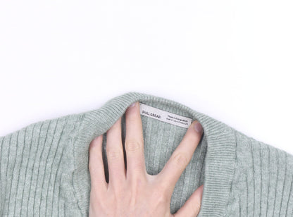 Pull & Bear Women’s Green Ribbed V-Neck Button Cardigan Size S