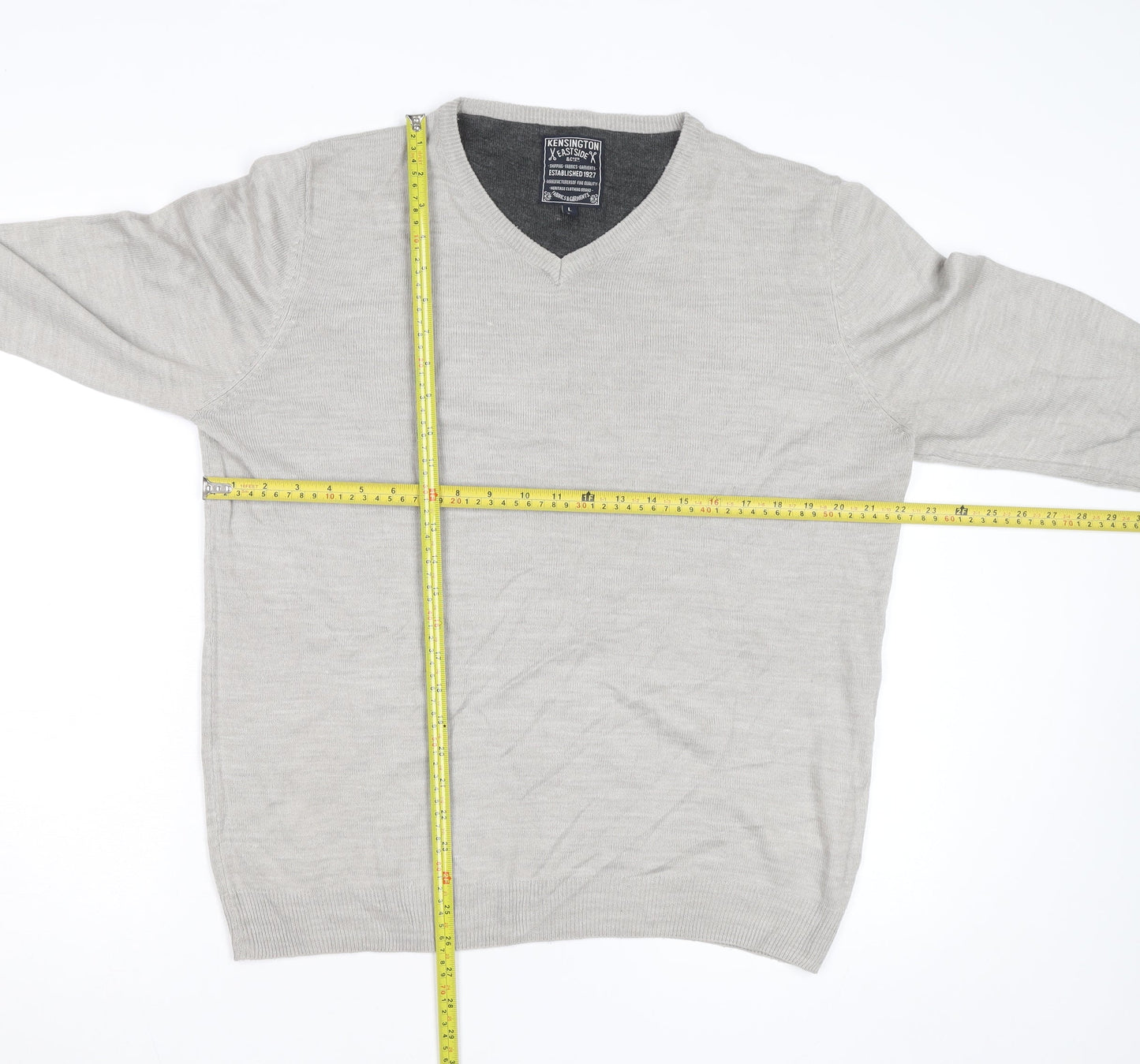 Kensington Eastside Men's Beige V-Neck Cotton Blend Jumper L