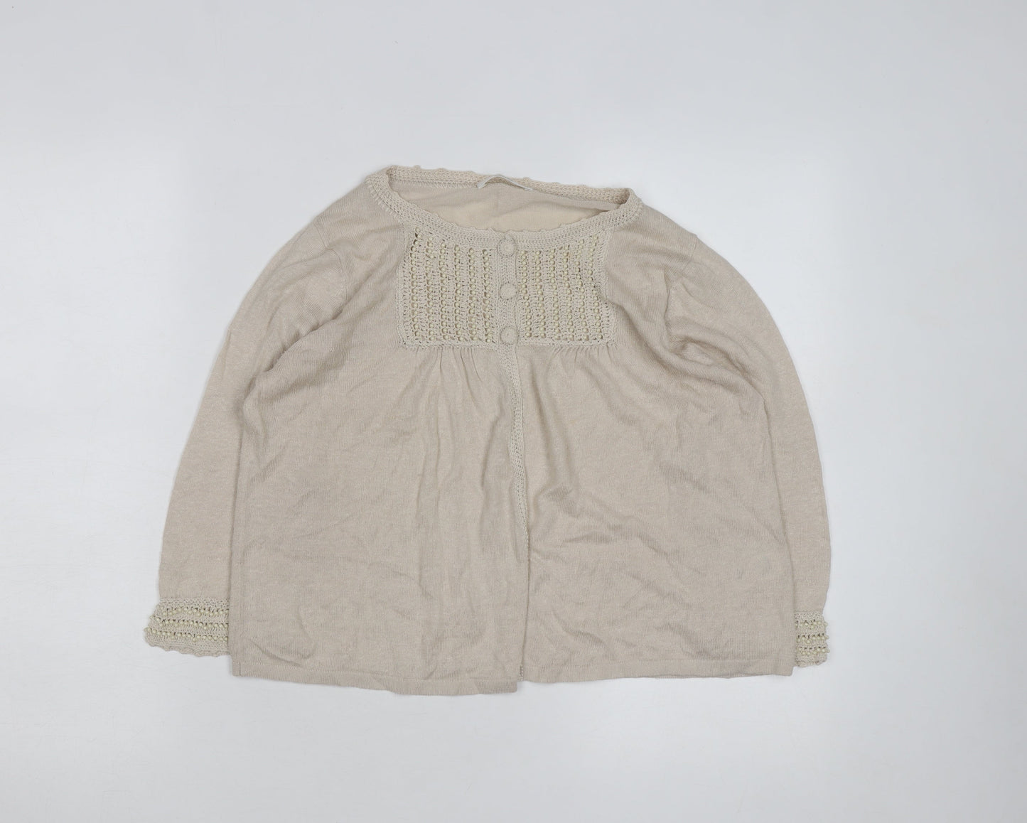 Marks and Spencer Women Beige Knit Cardigan Size 14 Crochet Detail