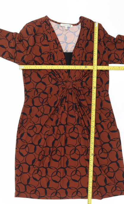 Laura Ashley Women's Brown Geometric V-Neck Ruched Sheath Dress Size 12
