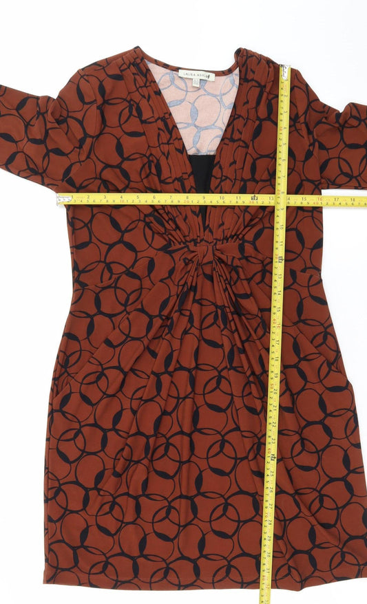 Laura Ashley Women's Brown Geometric V-Neck Ruched Sheath Dress Size 12