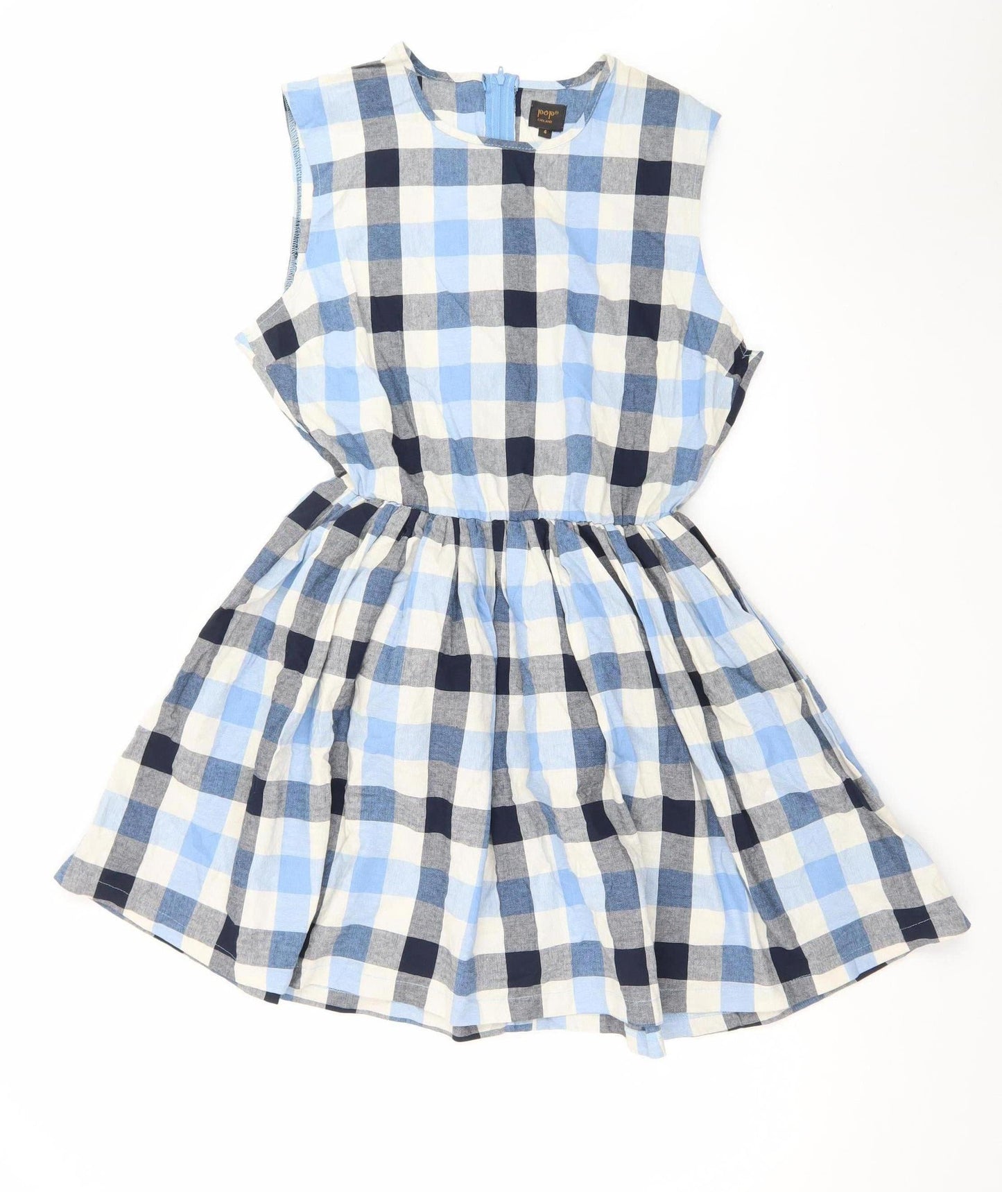Pop England Women Blue Check Sleeveless Skater Dress Size 4