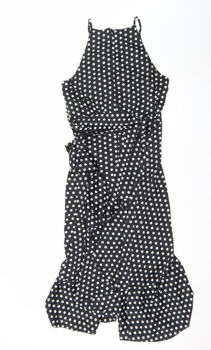 Boohoo Women's Black Polka Dot Halter Midi Wrap Dress Size 12