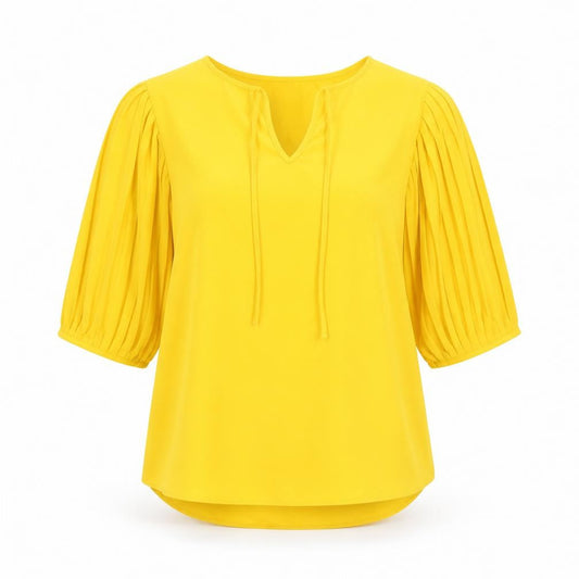 Front view of Soon Women's Yellow Puff Sleeve Tunic Blouse, size 10