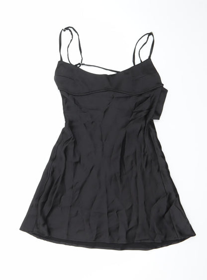 Zara Women Black S Satin Cut Out Slip Dress