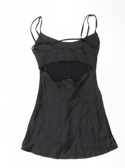 Zara Women Black S Satin Cut Out Slip Dress