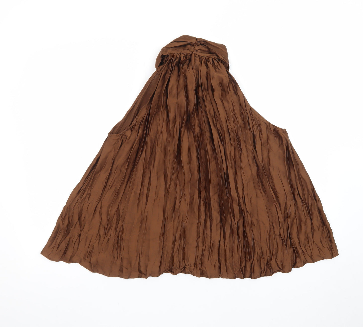 Zara Women Brown Pleated A-Line Halter Satin Dress Size S