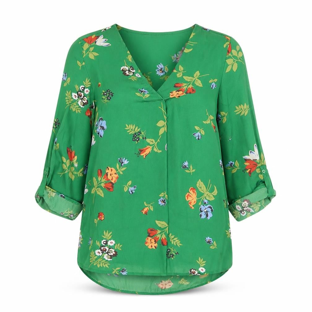 Stradivarius Womens Green Floral V-Neck Tunic Blouse Size 8