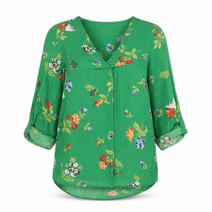 Stradivarius Womens Green Floral V-Neck Tunic Blouse Size 8