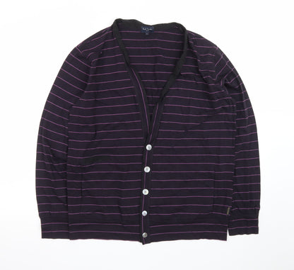 Paul Smith Men Purple Striped Cotton Cardigan L V-Neck Casual
