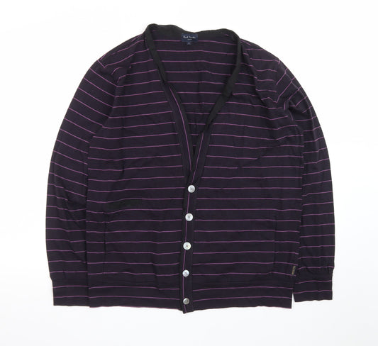 Paul Smith Men Purple Striped Cotton Cardigan L V-Neck Casual