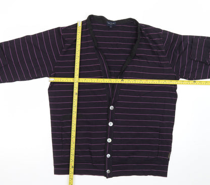 Paul Smith Men Purple Striped Cotton Cardigan L V-Neck Casual