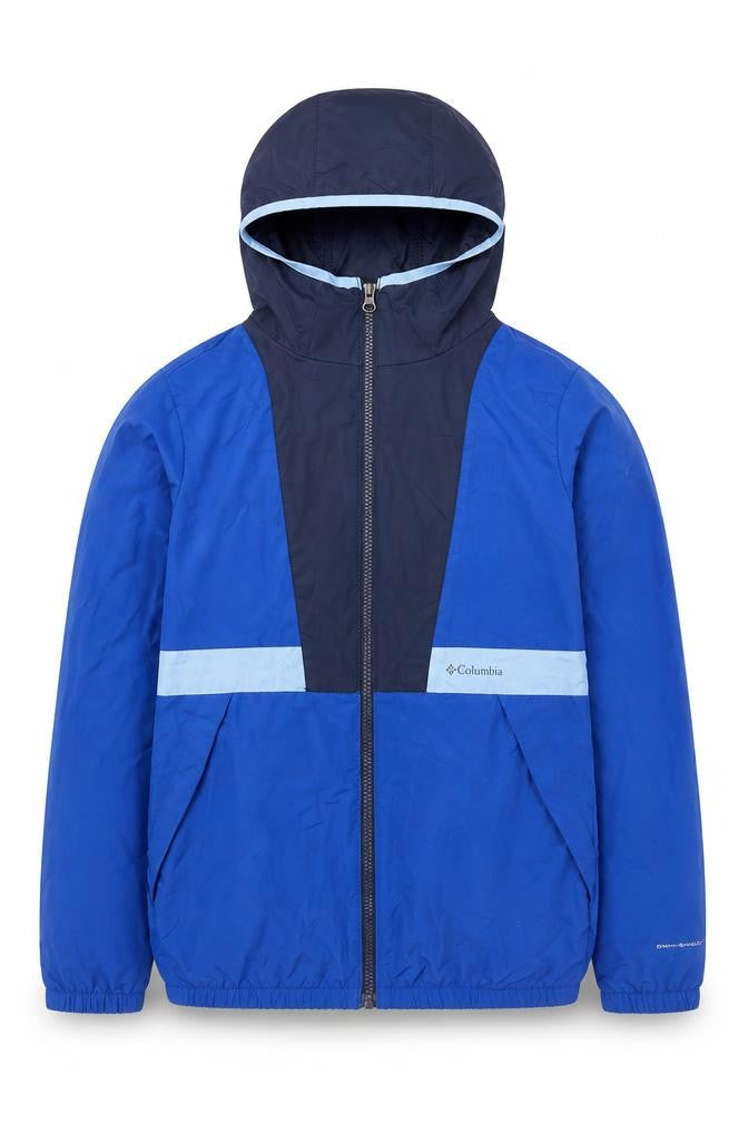 Front view of Columbia boys’ blue windbreaker hooded lightweight jacket l 14-15 years