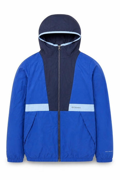 Front view of Columbia boys’ blue windbreaker hooded lightweight jacket l 14-15 years