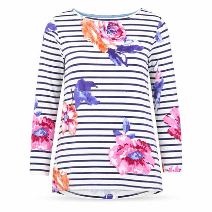 Joules Womens Multicoloured 3/4 Sleeve Striped Floral Cotton T-Shirt Size 8