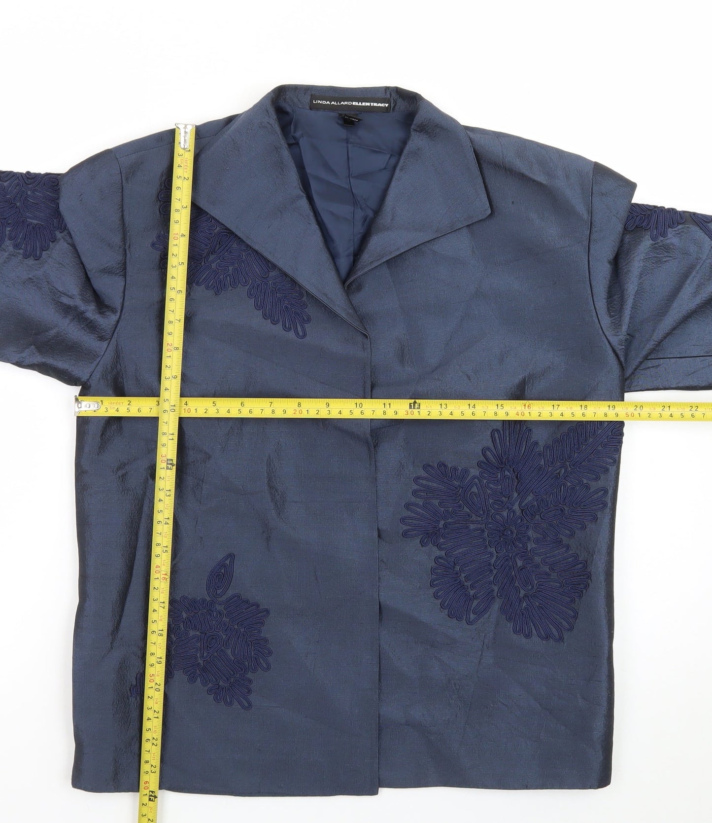 Linda Allard Ellen Tracy Blue Petite Silk Floral Blazer Women’s Size 8