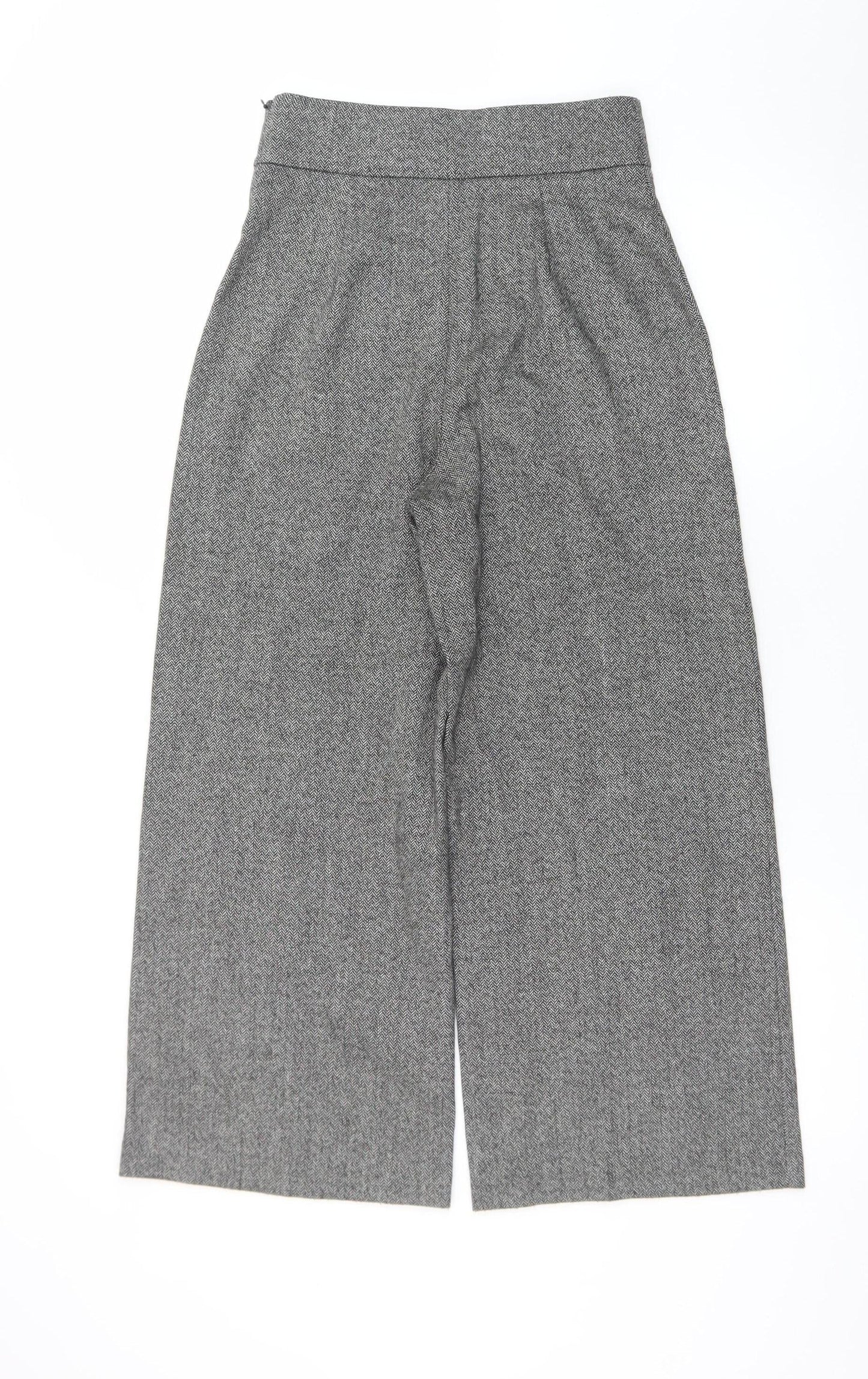 Zara Women Grey Herringbone Wide-Leg Cropped Trousers XS