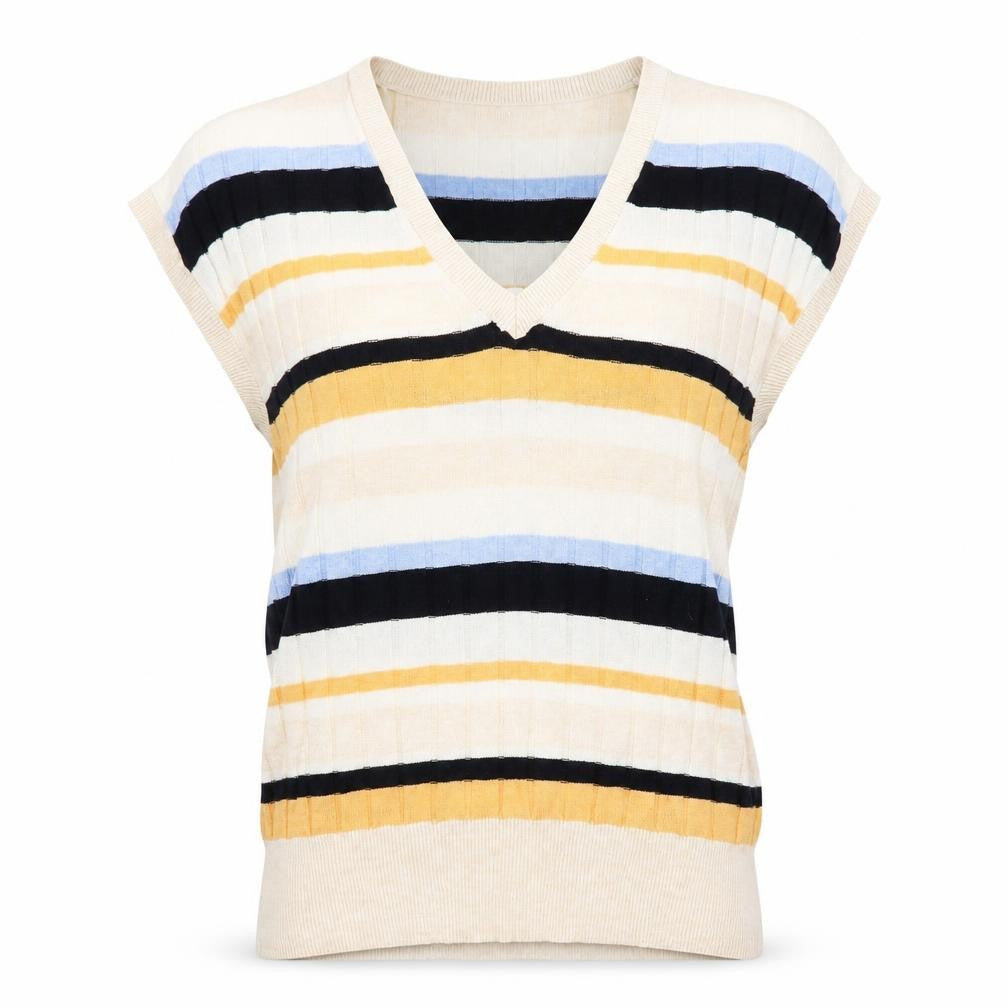 Marks and Spencer Women's Multicoloured V-Neck Striped Short Sleeve Jumper M