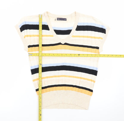 Marks and Spencer Women's Multicoloured V-Neck Striped Short Sleeve Jumper M