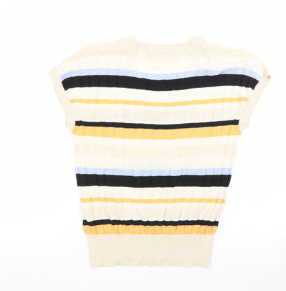 Marks and Spencer Women's Multicoloured V-Neck Striped Short Sleeve Jumper M