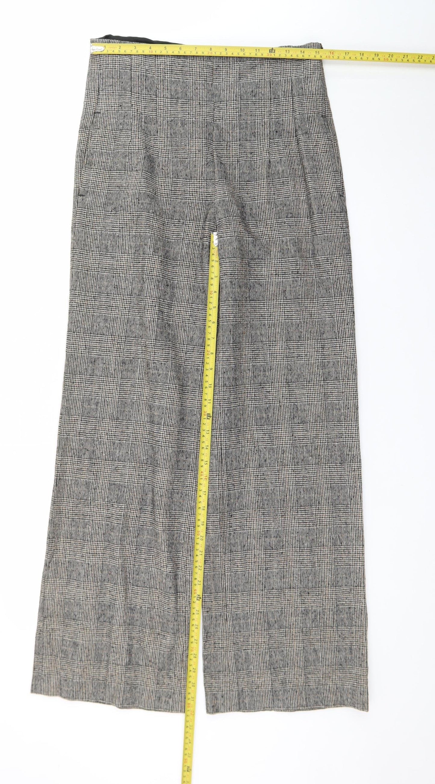 Zara Women Grey Check Wide-Leg Trousers Size 14