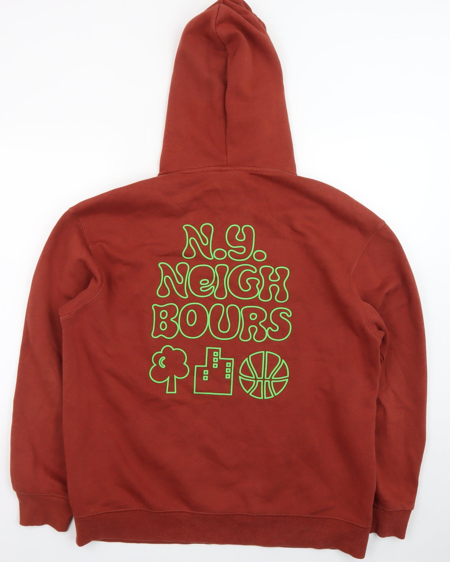 H&M Men's Rust Red Relaxed Fit Hoodie L Graphic Print Cotton Blend