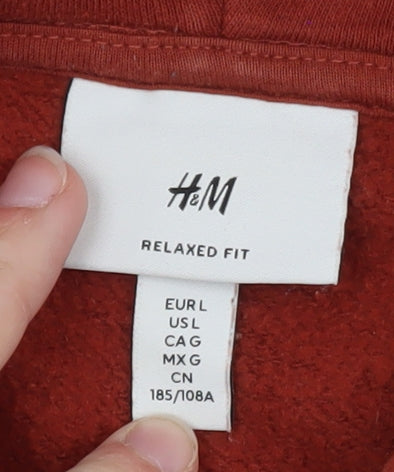 H&M Men's Rust Red Relaxed Fit Hoodie L Graphic Print Cotton Blend